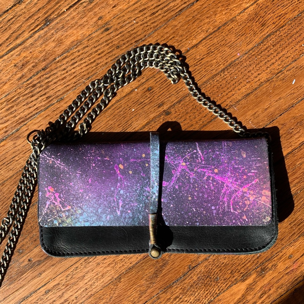 Hand-Painted Purple Galaxy Crossbody Clutch